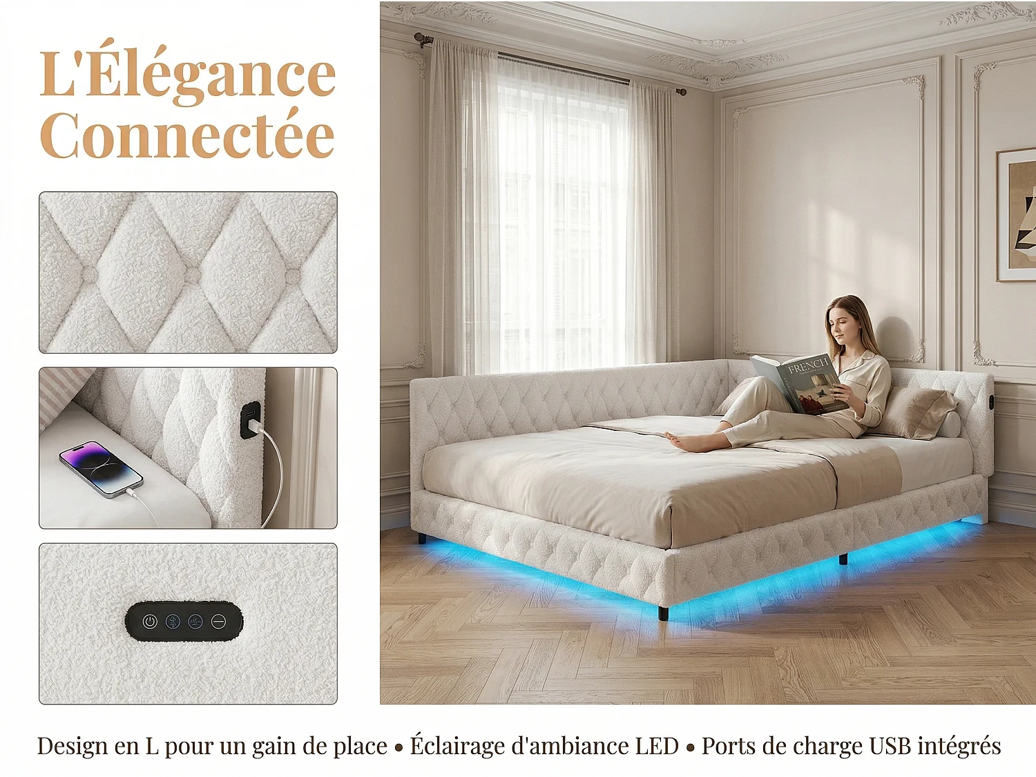 Lit coffre 140x200 cm LED RGB sous-lit, lit capitonné avec USB, sommier à lattes