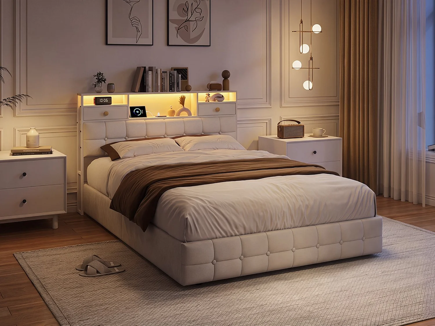 Lit coffre en velours - 160x200 cm - avec tiroirs, rangements de tête de lit et LED - Beige (sommier inclus)