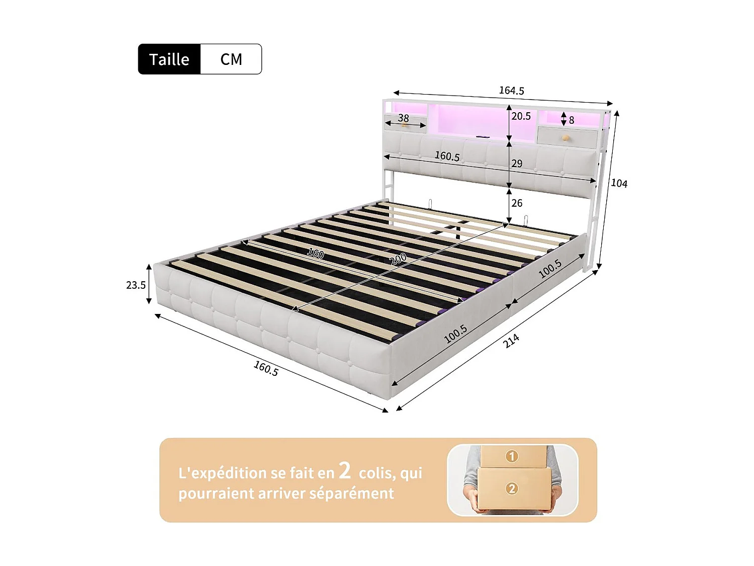 Lit coffre en velours - 160x200 cm - avec tiroirs, rangements de tête de lit et LED - Beige (sommier inclus)