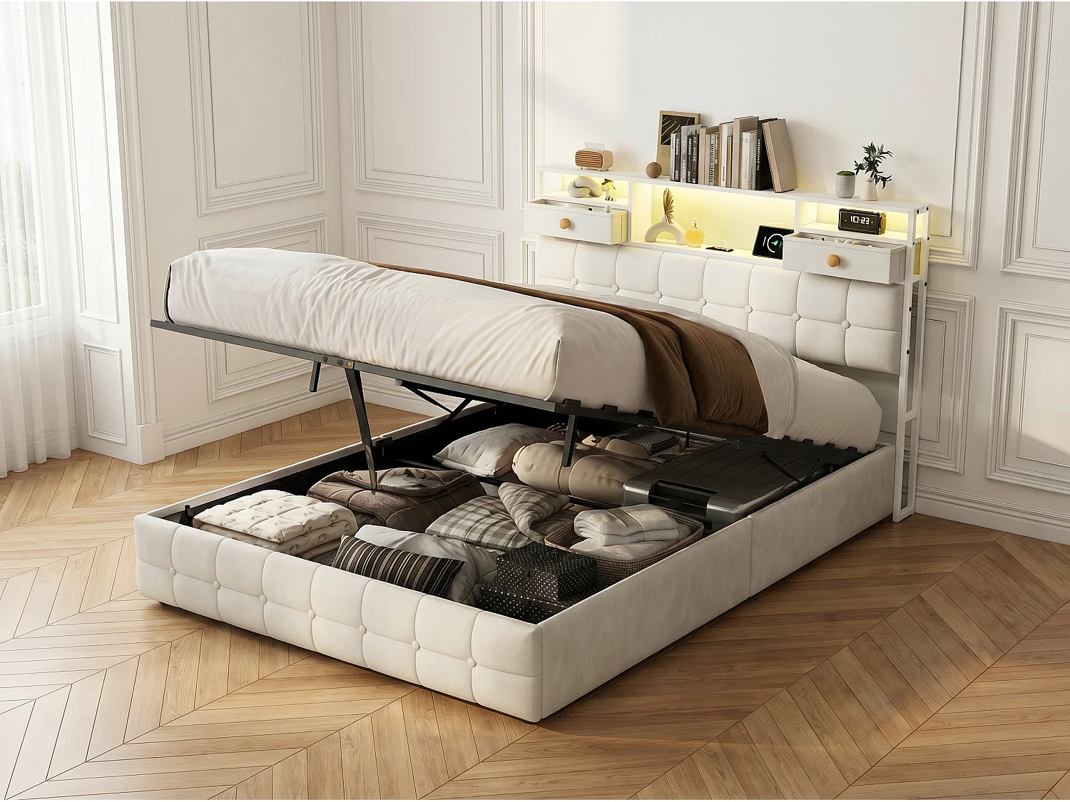 Lit coffre en velours - 160x200 cm - avec tiroirs, rangements de tête de lit et LED - Beige (sommier inclus)