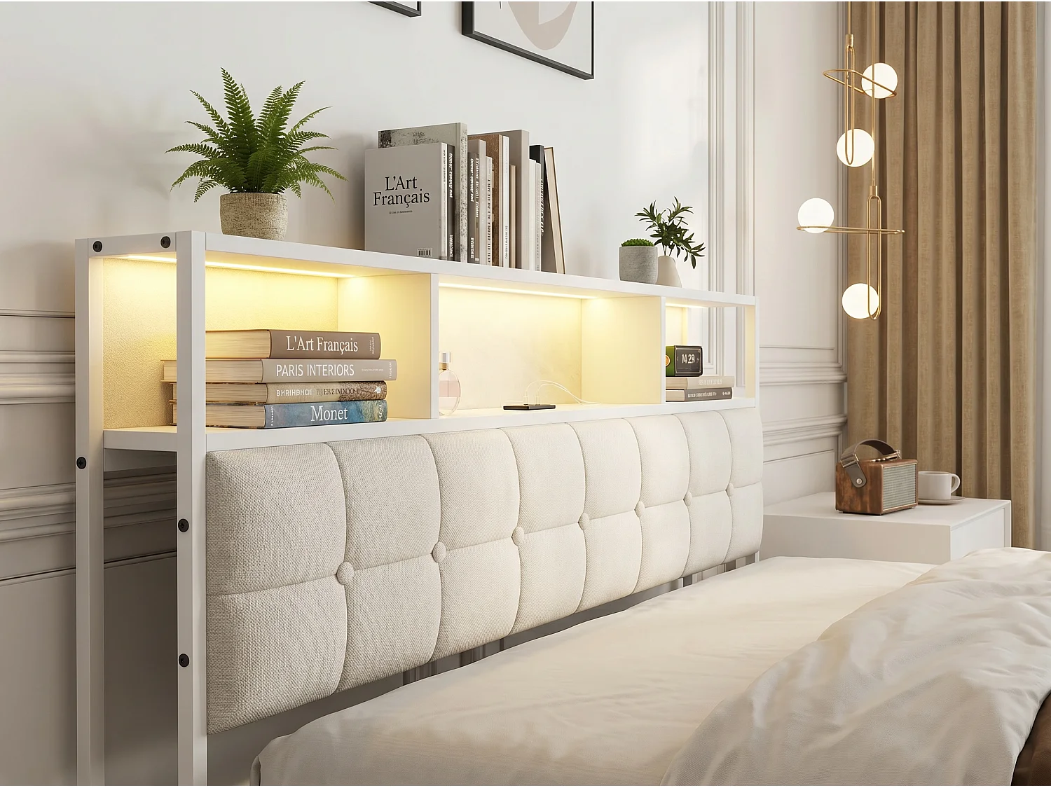 Lit coffre en velours - 160x200 cm - avec tiroirs, rangements de tête de lit et LED - Beige (sommier inclus)