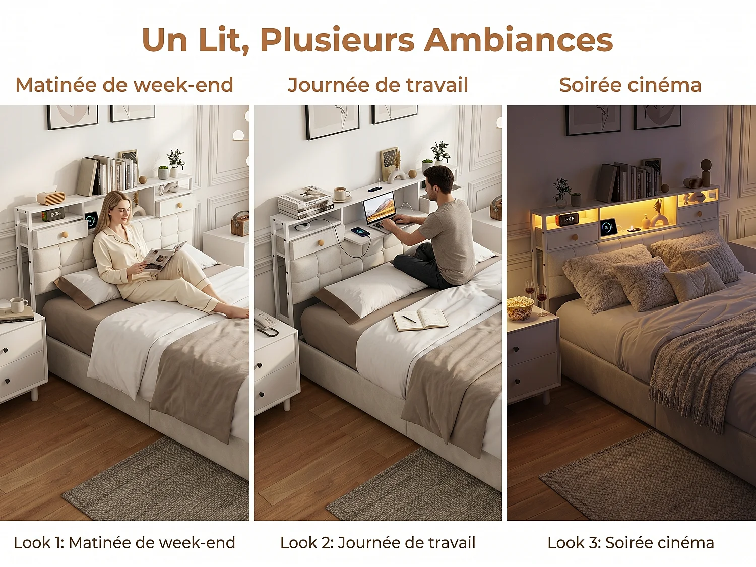 Lit coffre en velours - 160x200 cm - avec tiroirs, rangements de tête de lit et LED - Beige (sommier inclus)