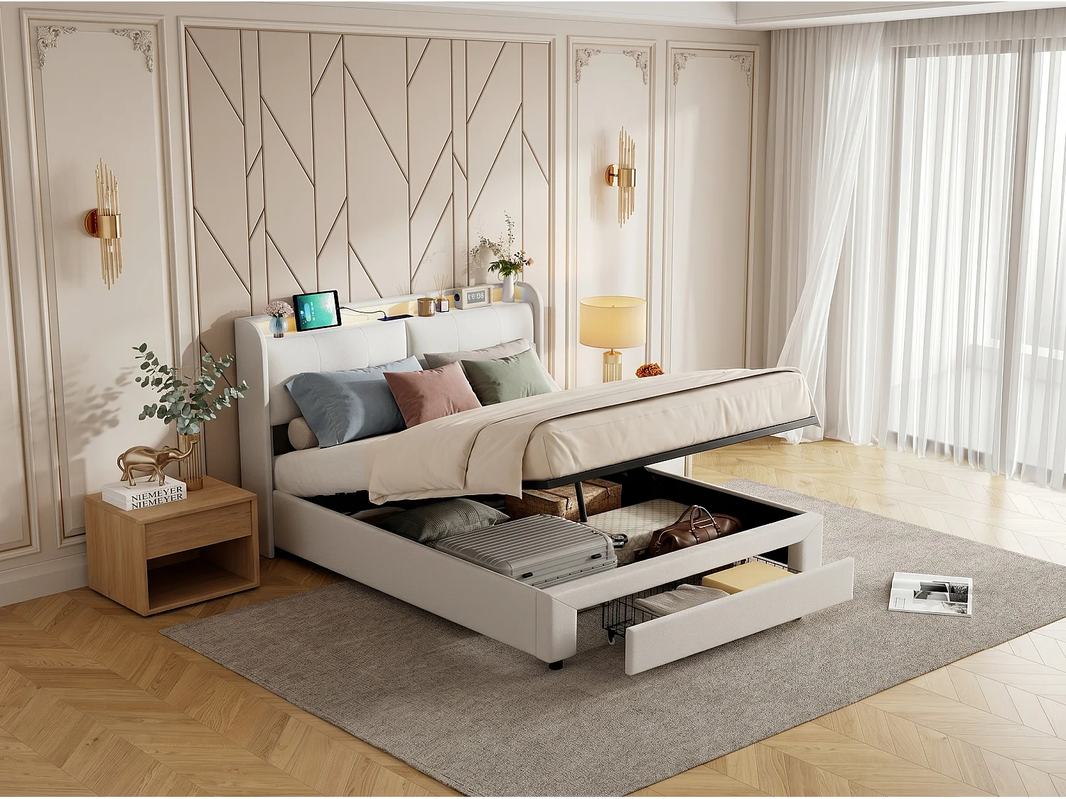 Lit coffre rembourré 160x200 cm - avec LED et USB - velours beige - sommier à lattes inclus