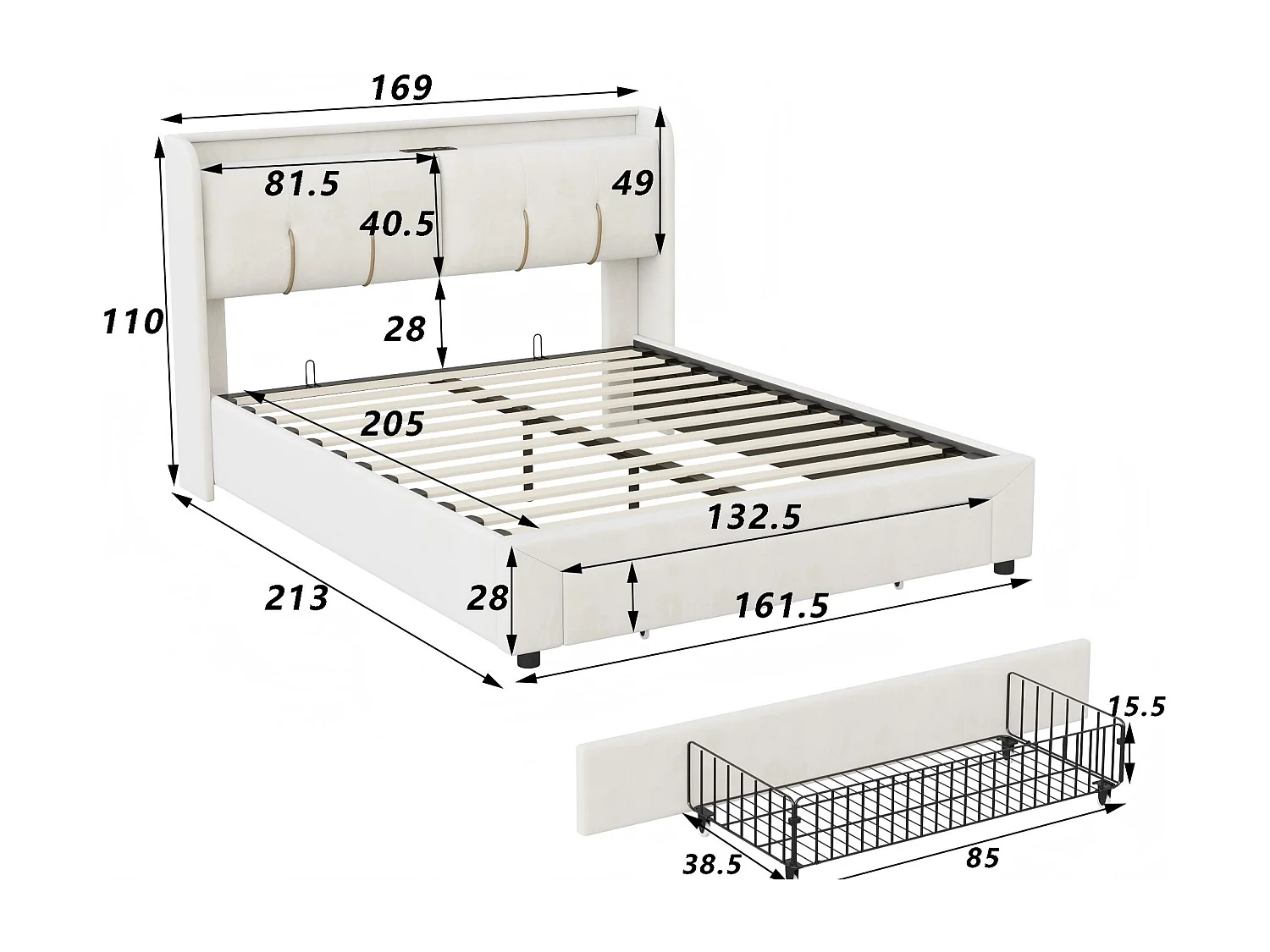 Lit coffre rembourré 160x200 cm - avec LED et USB - velours beige - sommier à lattes inclus