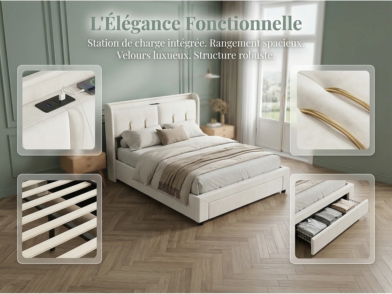 Lit coffre rembourré 160x200 cm - avec LED et USB - velours beige - sommier à lattes inclus