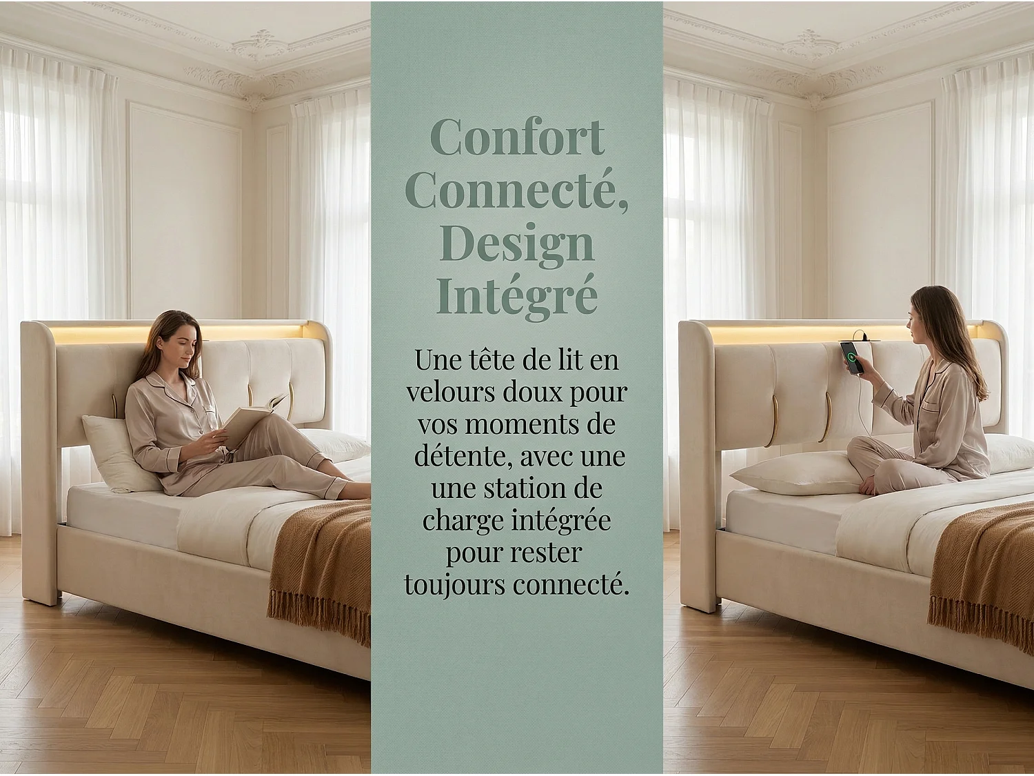 Lit coffre rembourré 160x200 cm - avec LED et USB - velours beige - sommier à lattes inclus
