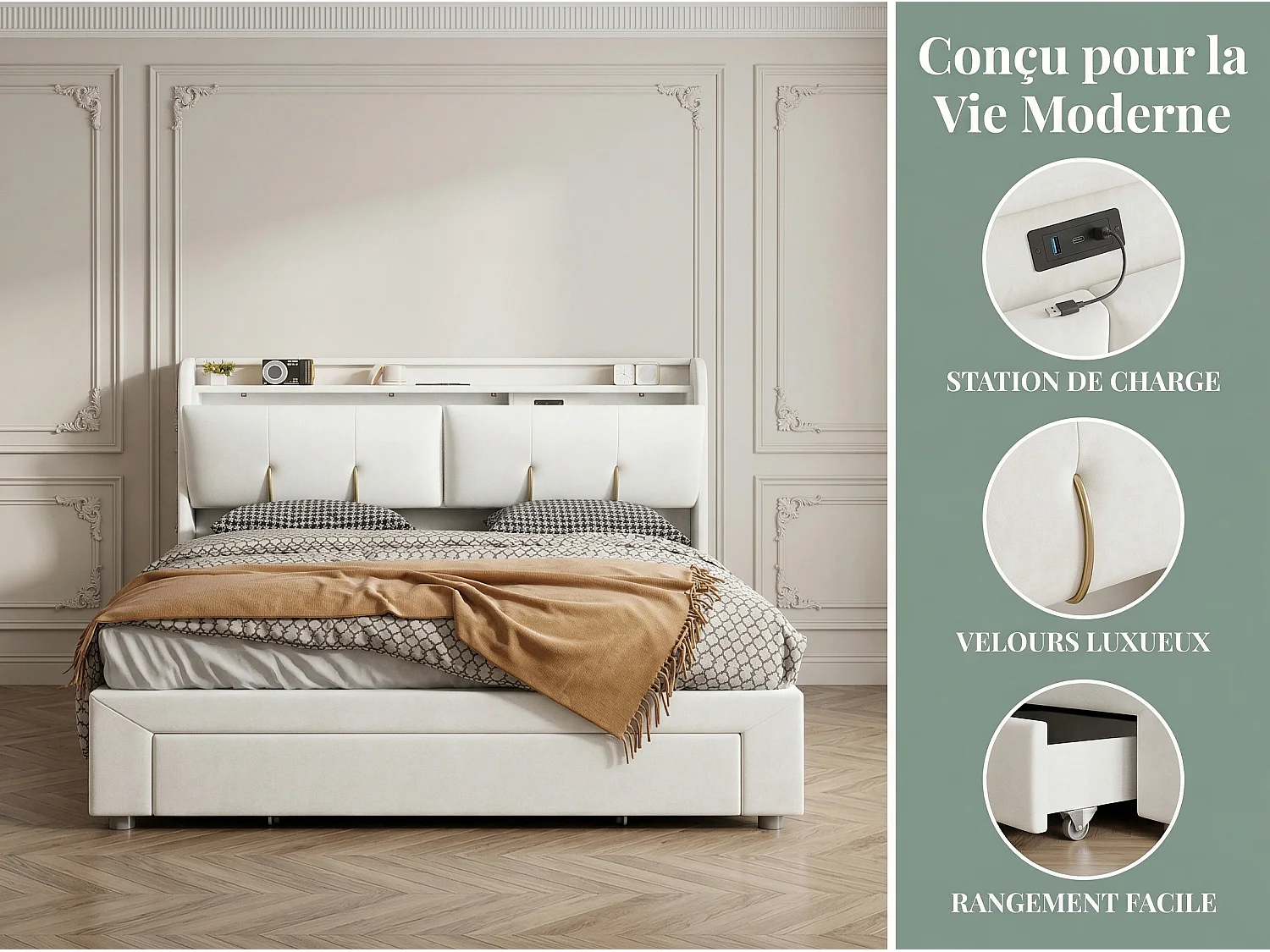 Lit coffre rembourré 160x200 cm - avec LED et USB - velours beige - sommier à lattes inclus