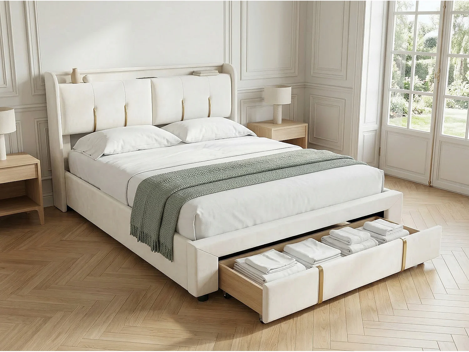 Lit coffre rembourré 160x200 cm - avec LED et USB - velours beige - sommier à lattes inclus