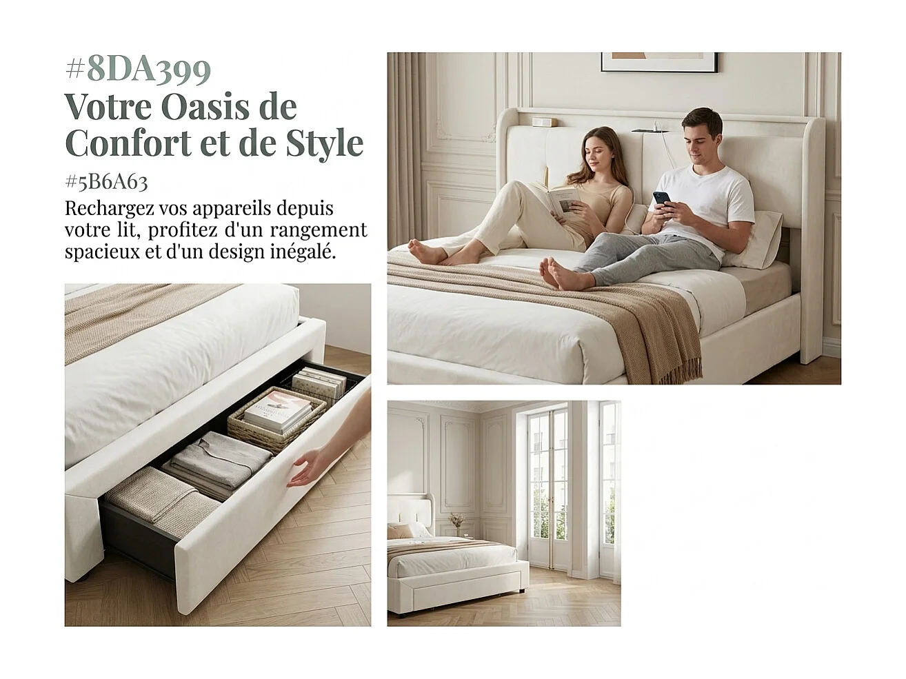 Lit coffre rembourré 160x200 cm - avec LED et USB - velours beige - sommier à lattes inclus