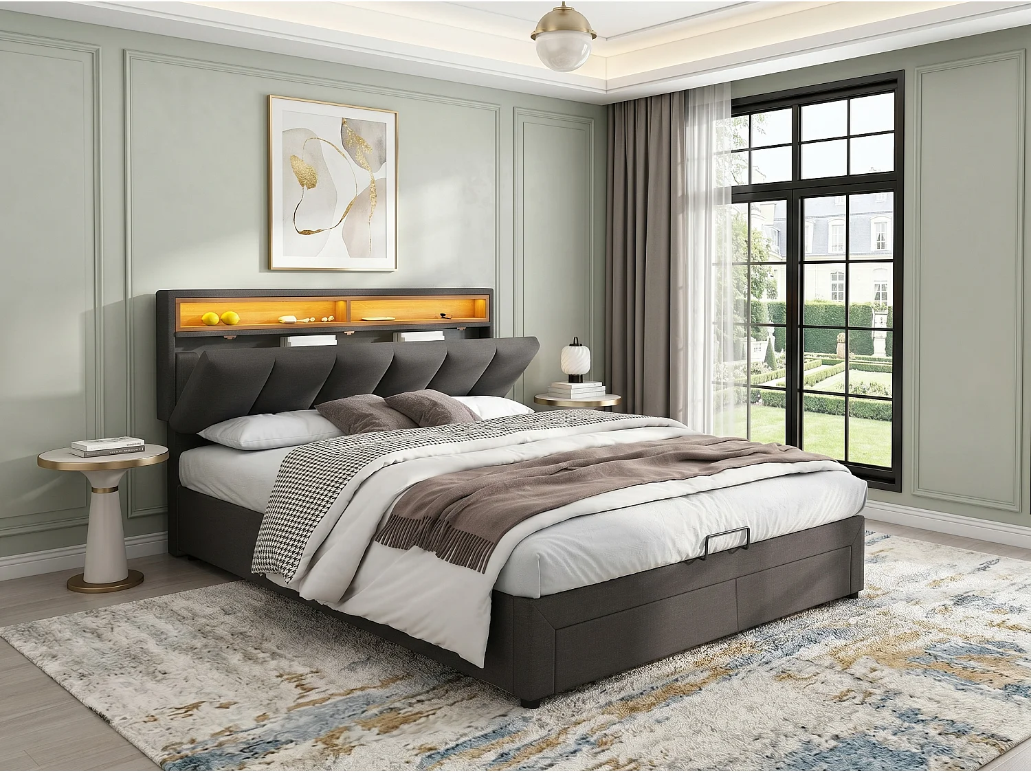Lit double 140 x 190 cm - Tissu lin gris - LED, tête de lit avec rangement, coffre et tiroirs