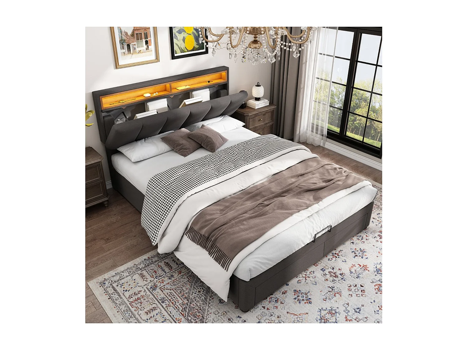 Lit double 140 x 190 cm - Tissu lin gris - LED, tête de lit avec rangement, coffre et tiroirs