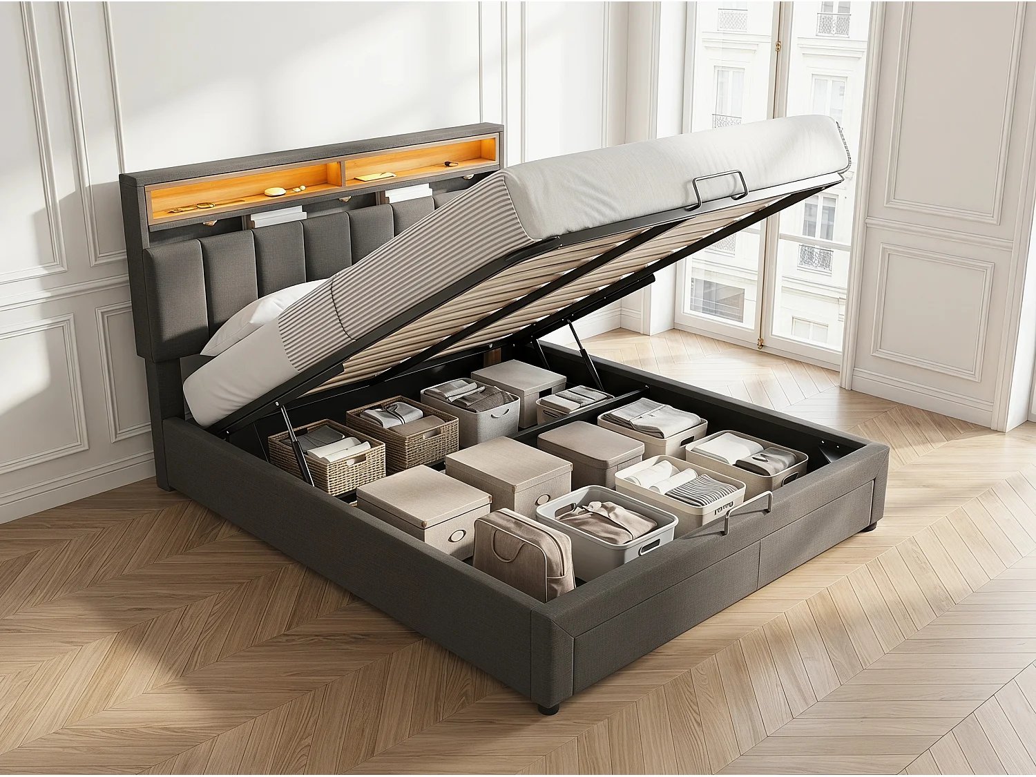Lit double 140 x 190 cm - Tissu lin gris - LED, tête de lit avec rangement, coffre et tiroirs