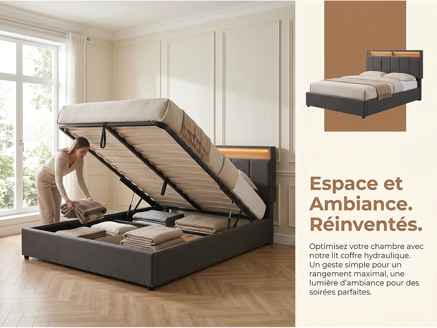 Lit double 140 x 190 cm - Tissu lin gris - LED, tête de lit avec rangement, coffre et tiroirs