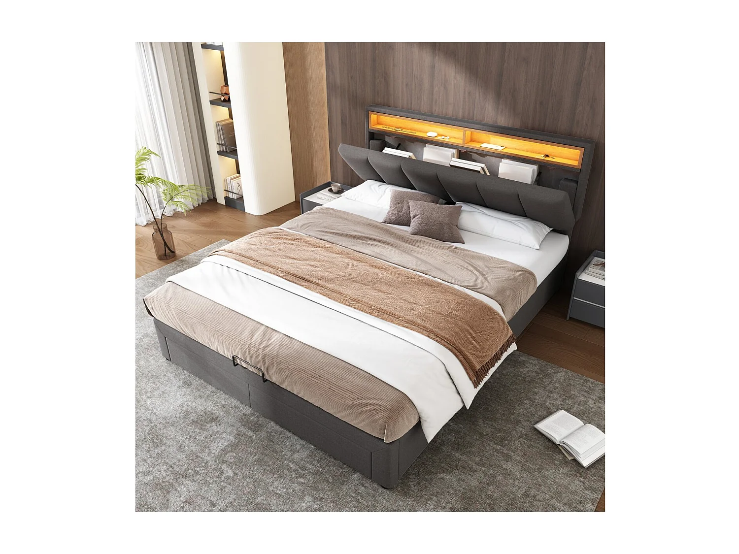 Lit double 140 x 190 cm - Tissu lin gris - LED, tête de lit avec rangement, coffre et tiroirs