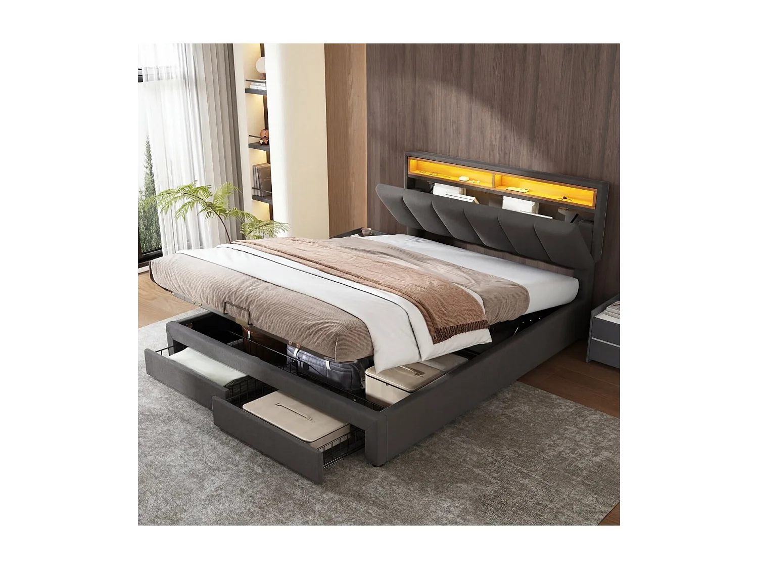 Lit double 140 x 190 cm - Tissu lin gris - LED, tête de lit avec rangement, coffre et tiroirs