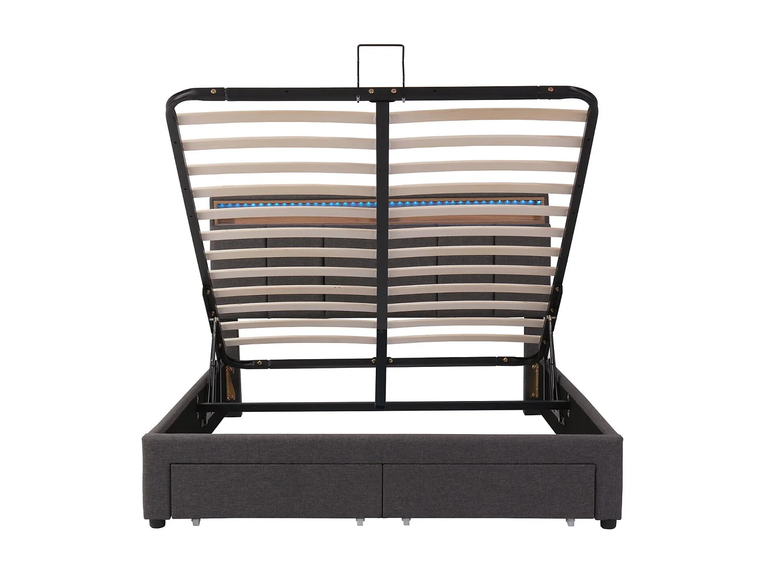 Lit coffre 140 x 190 cm - Tête de lit avec éclairage LED - Revêtement en lin - Compartiments de rangement - Gris