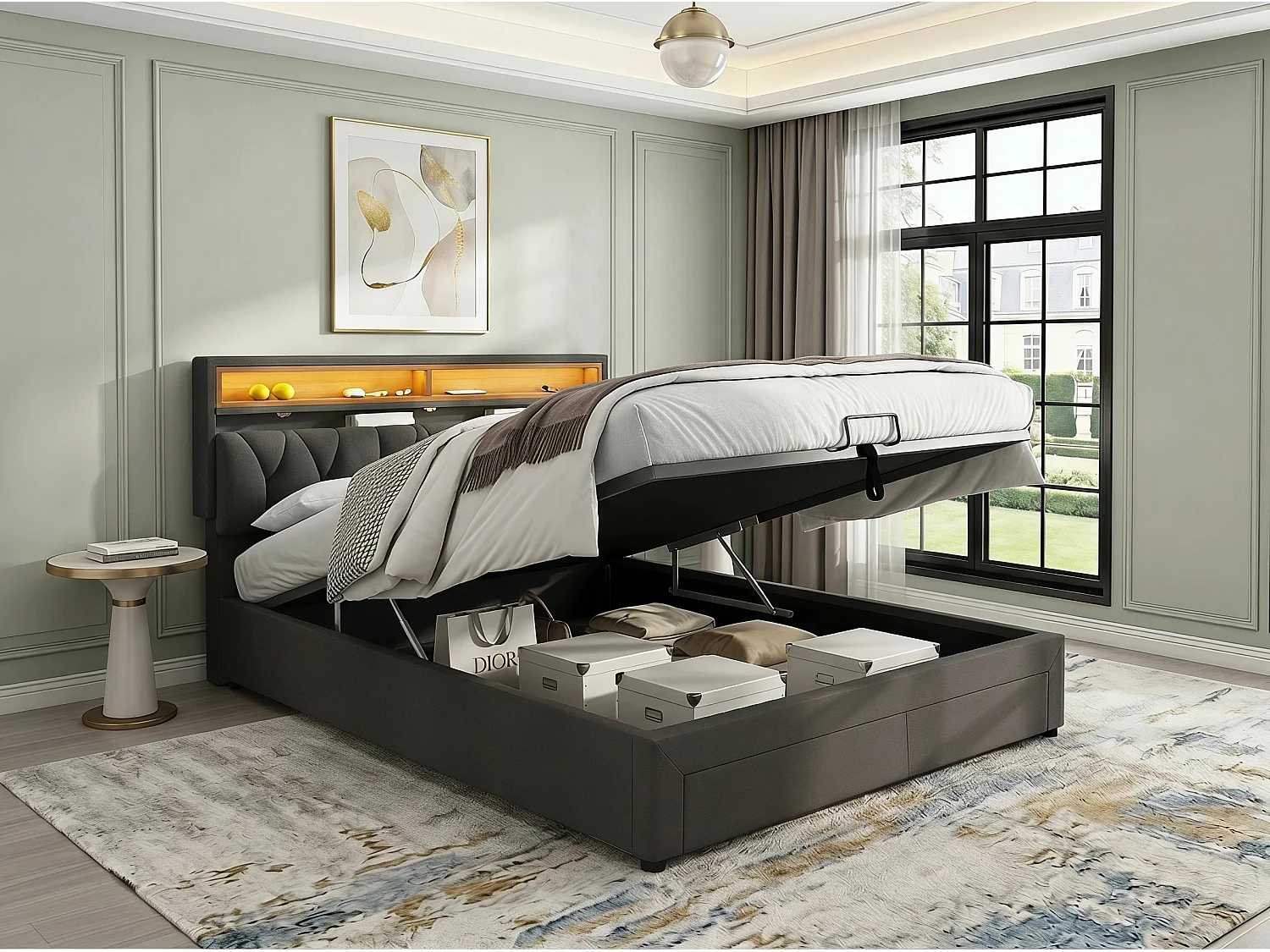 Lit coffre 140 x 190 cm - Tête de lit avec éclairage LED - Revêtement en lin - Compartiments de rangement - Gris