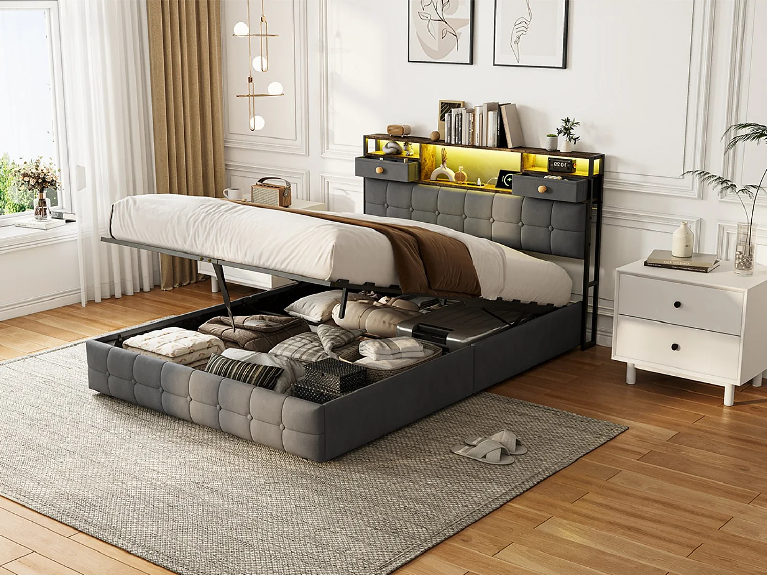 Lit coffre en velours - 140x200 cm - avec tiroirs, rangements de tête de lit et LED - Gris (sommier inclus)