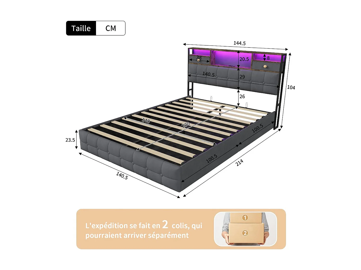 Lit coffre en velours - 140x200 cm - avec tiroirs, rangements de tête de lit et LED - Gris (sommier inclus)