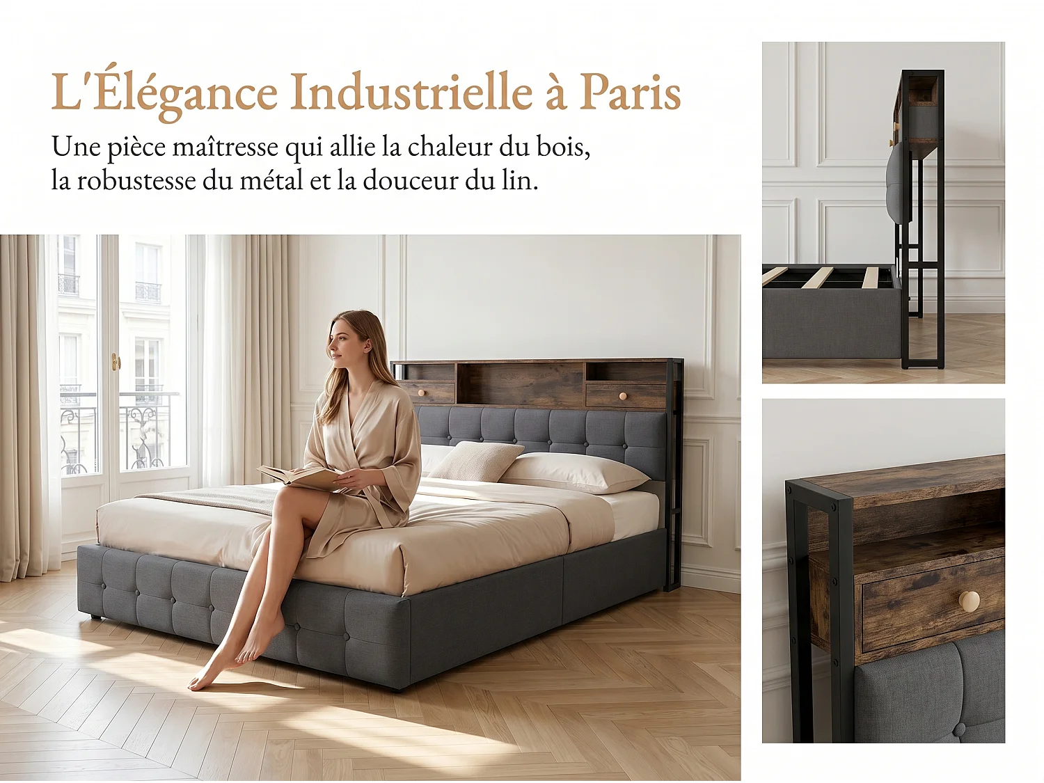 Lit coffre en velours - 140x200 cm - avec tiroirs, rangements de tête de lit et LED - Gris (sommier inclus)