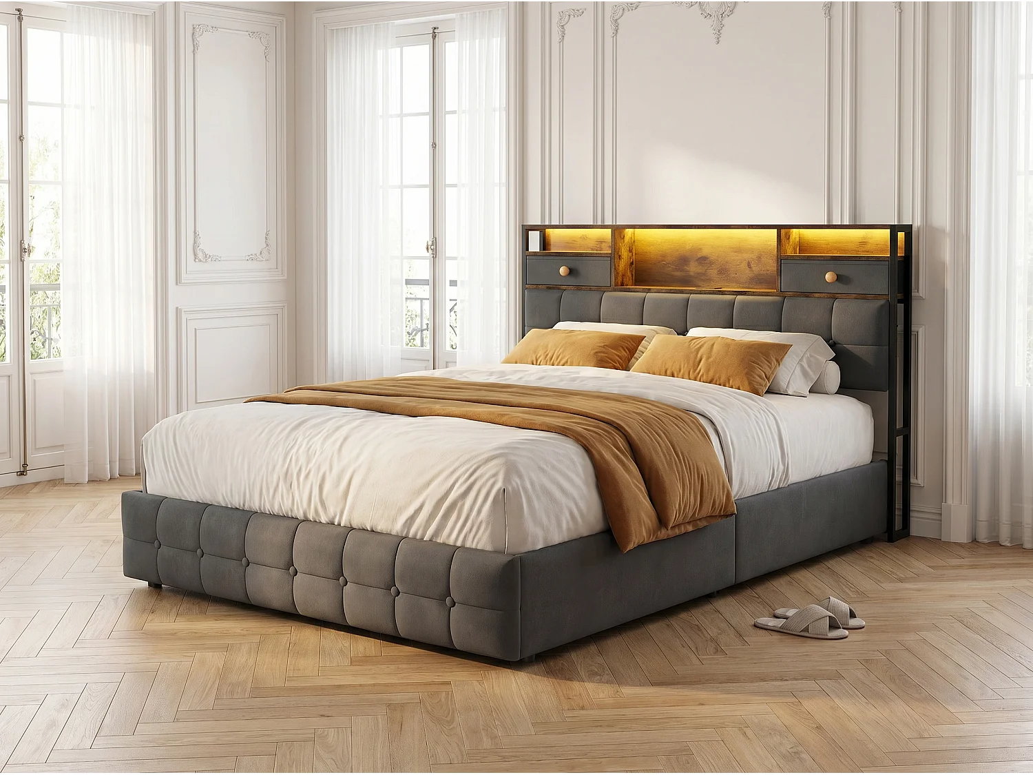 Lit coffre en velours - 140x200 cm - avec tiroirs, rangements de tête de lit et LED - Gris (sommier inclus)