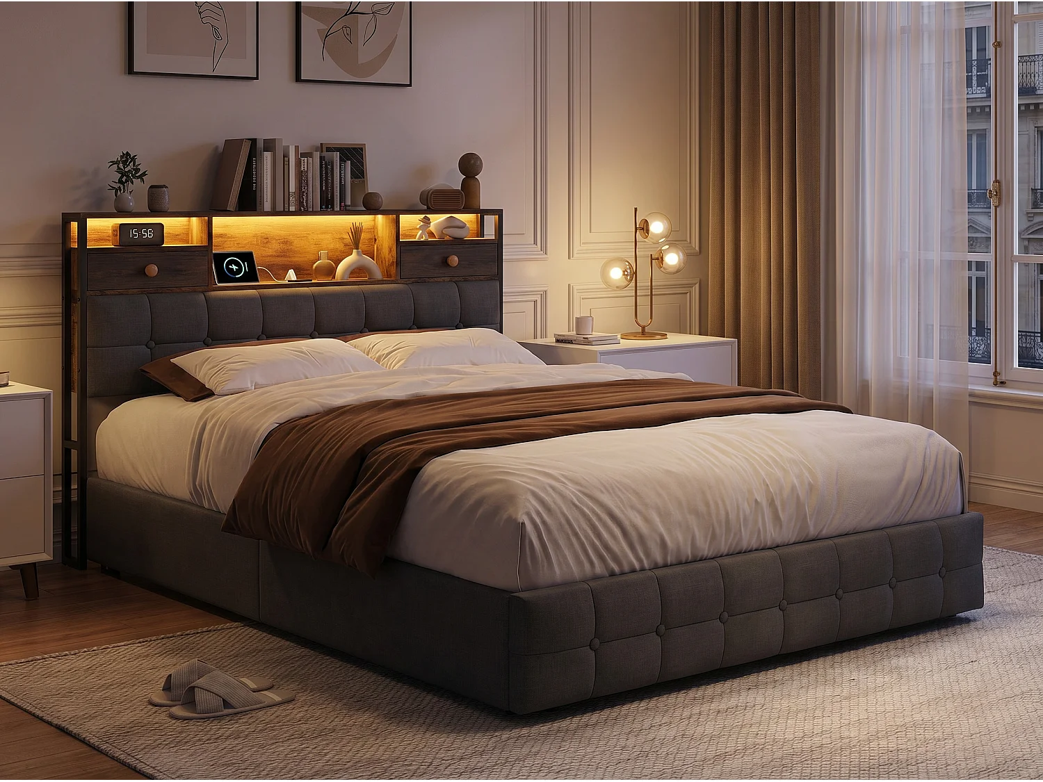 Lit coffre en velours - 140x200 cm - avec tiroirs, rangements de tête de lit et LED - Gris (sommier inclus)