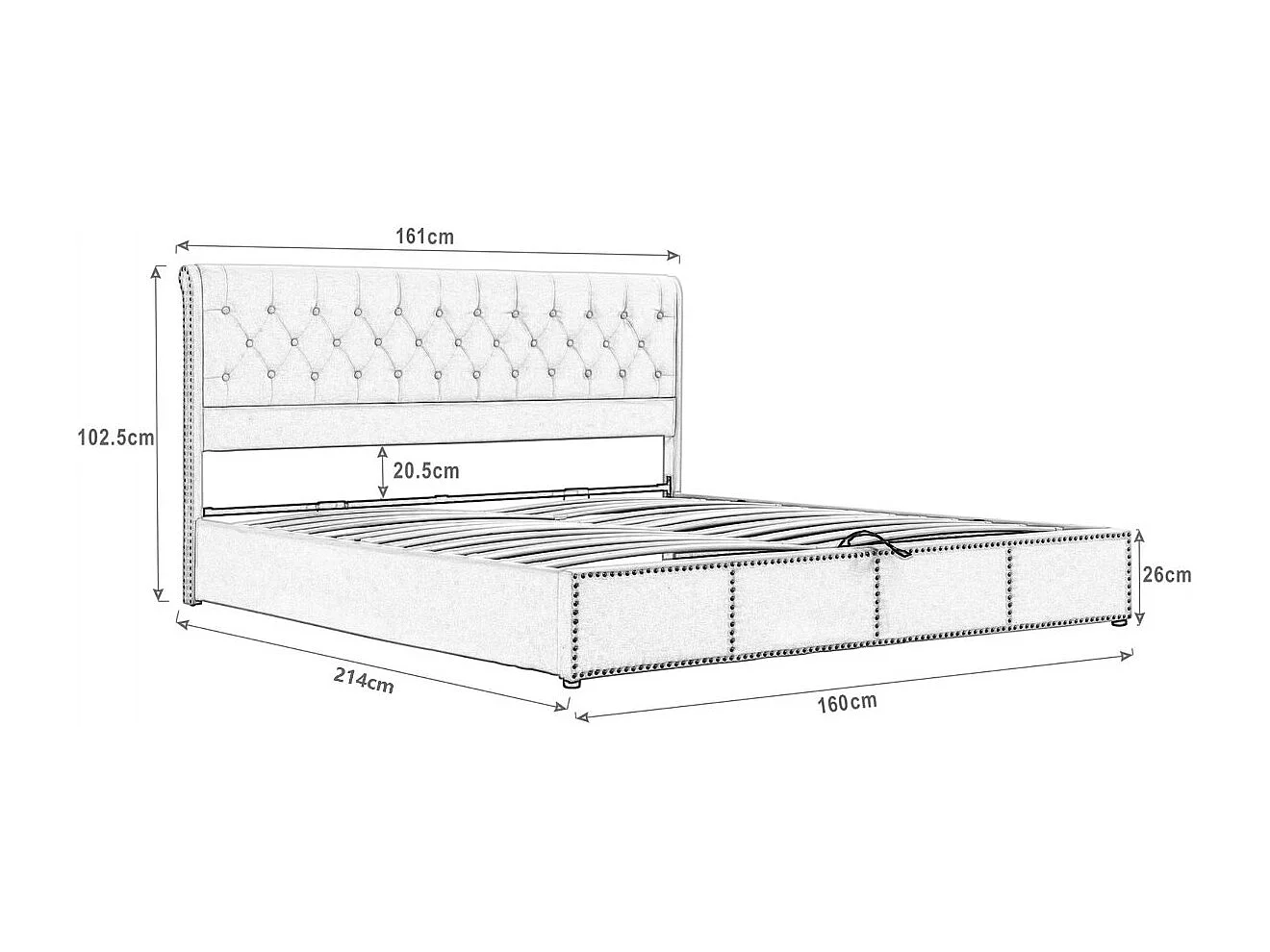 Lit coffre rembourré 160 x 200 cm - Velours Gris - Rangement hydraulique tête de lit rembourré-sommier à lattes en bois