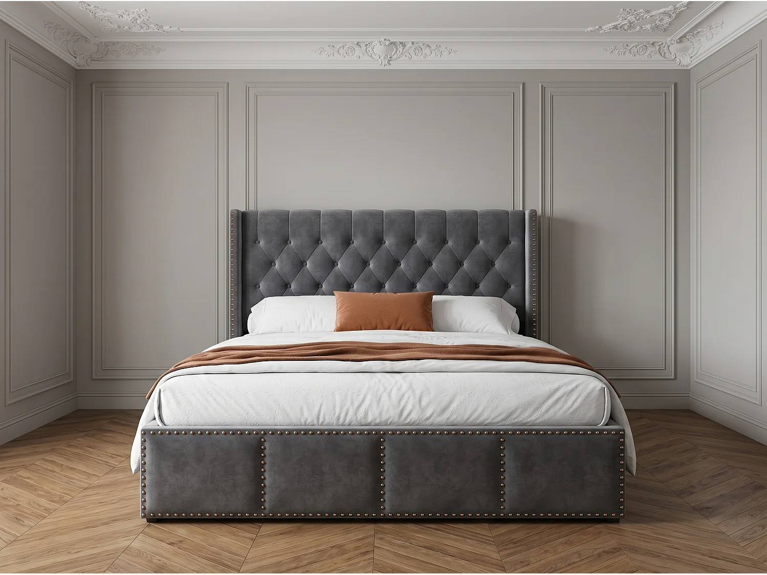 Lit coffre rembourré 160 x 200 cm - Velours Gris - Rangement hydraulique tête de lit rembourré-sommier à lattes en bois