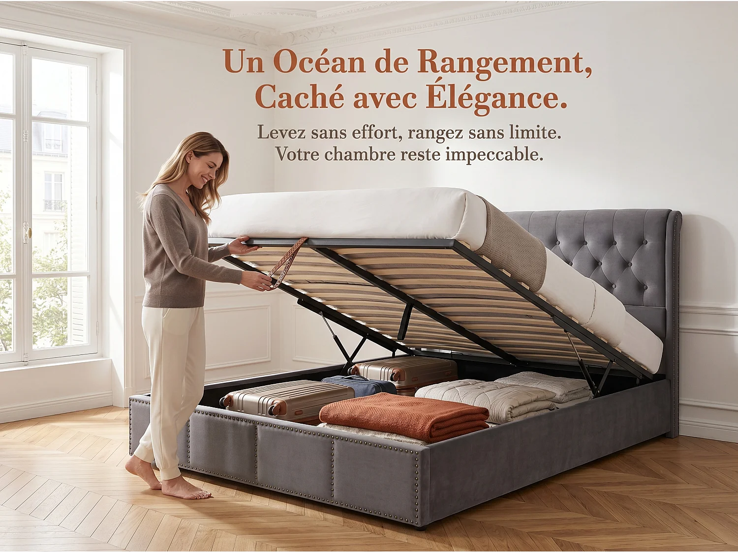 Lit coffre rembourré 160 x 200 cm - Velours Gris - Rangement hydraulique tête de lit rembourré-sommier à lattes en bois