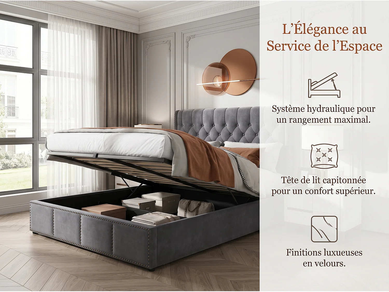 Lit coffre rembourré 160 x 200 cm - Velours Gris - Rangement hydraulique tête de lit rembourré-sommier à lattes en bois