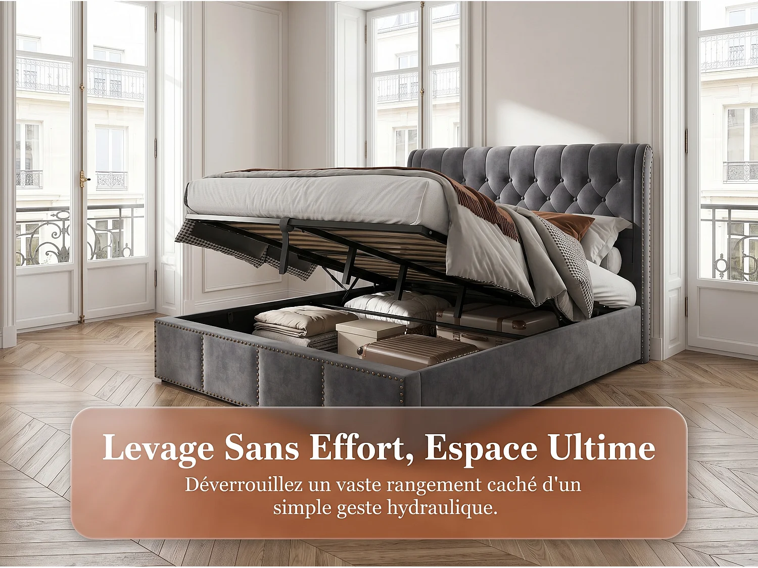 Lit coffre rembourré 160 x 200 cm - Velours Gris - Rangement hydraulique tête de lit rembourré-sommier à lattes en bois