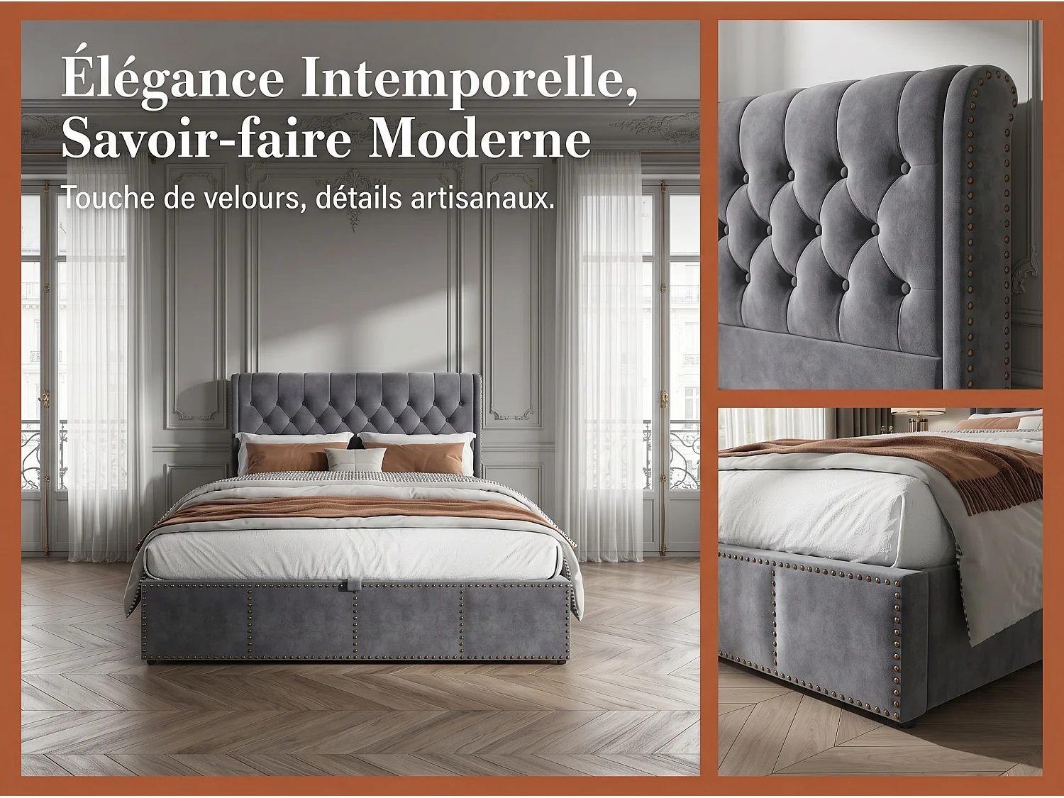 Lit coffre rembourré 160 x 200 cm - Velours Gris - Rangement hydraulique tête de lit rembourré-sommier à lattes en bois