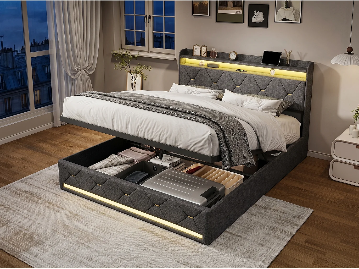 Lit coffre double rembourré - Gris - Tête de lit avec rangement, LED et sommier relevable
