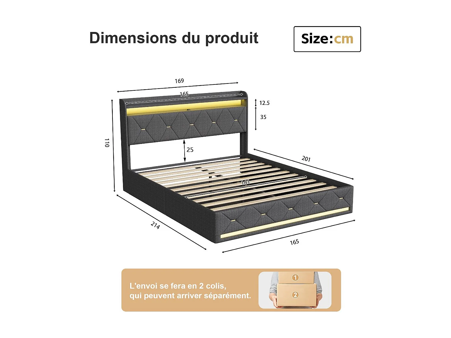 Lit coffre double rembourré - Gris - Tête de lit avec rangement, LED et sommier relevable