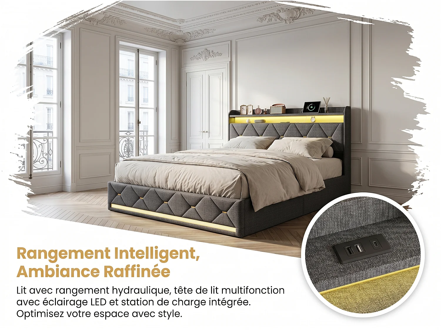 Lit coffre double rembourré - Gris - Tête de lit avec rangement, LED et sommier relevable
