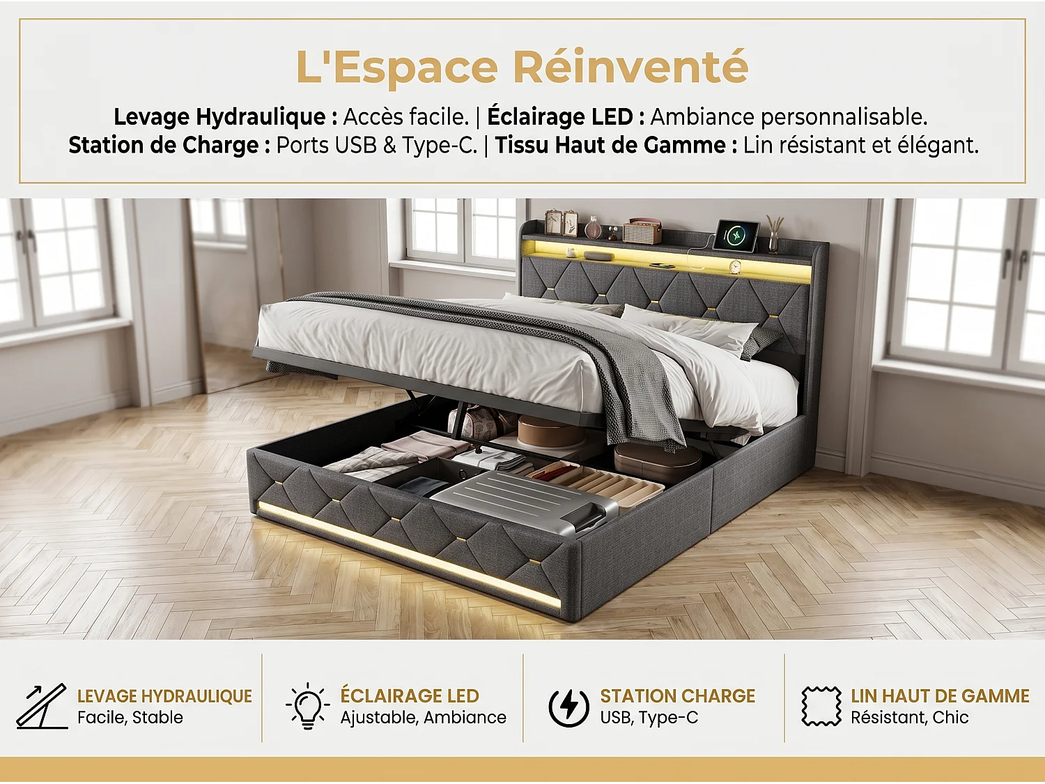 Lit coffre double rembourré - Gris - Tête de lit avec rangement, LED et sommier relevable