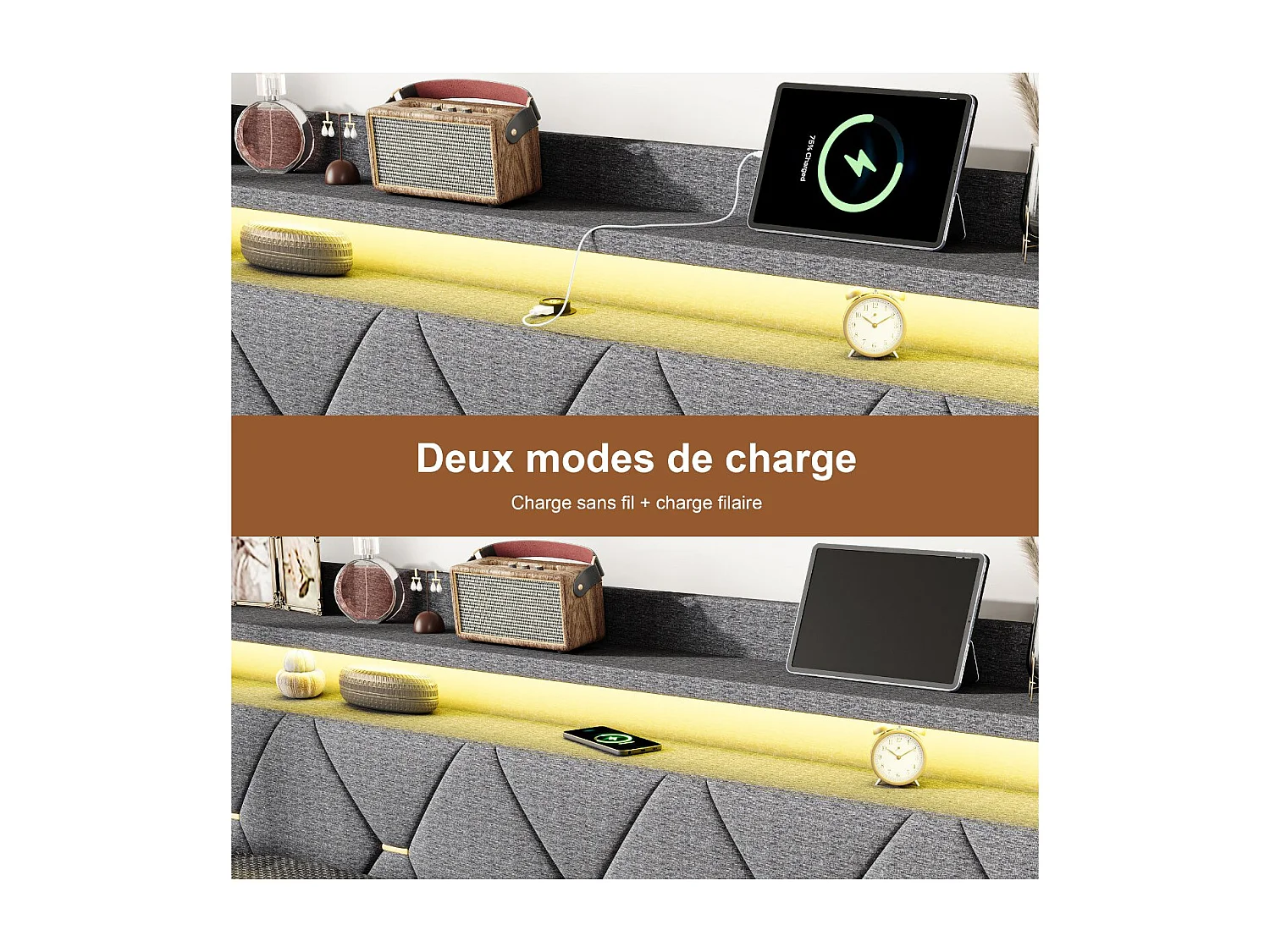 Lit coffre double rembourré - Gris - Tête de lit avec rangement, LED et sommier relevable
