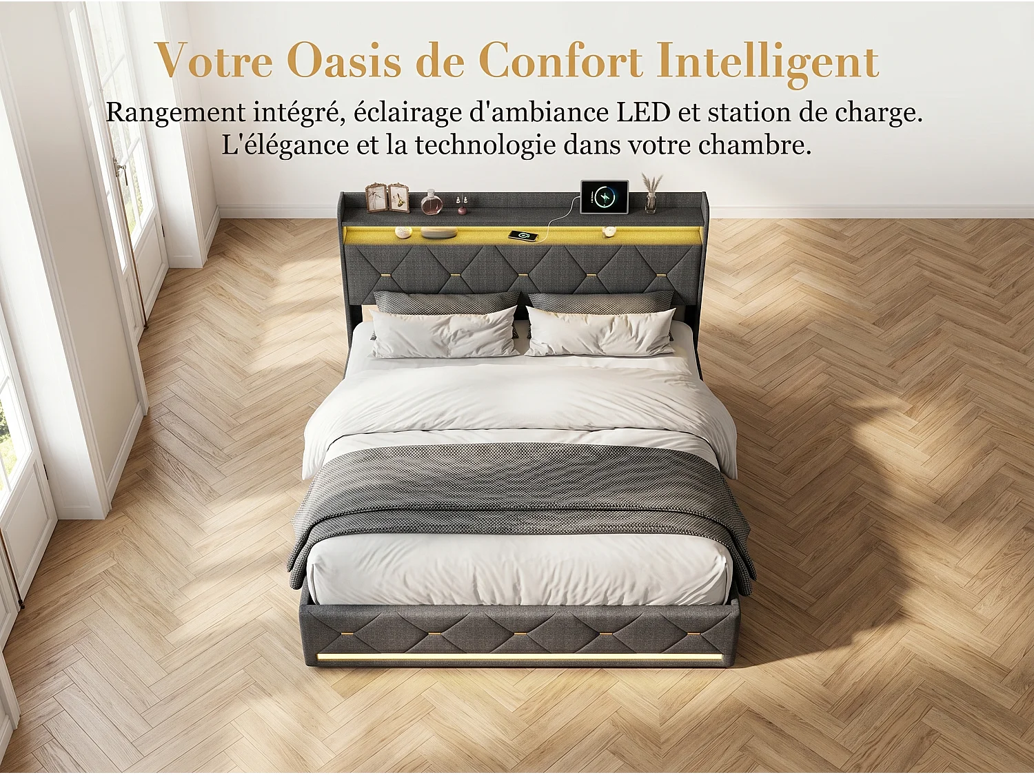 Lit coffre double rembourré - Gris - Tête de lit avec rangement, LED et sommier relevable