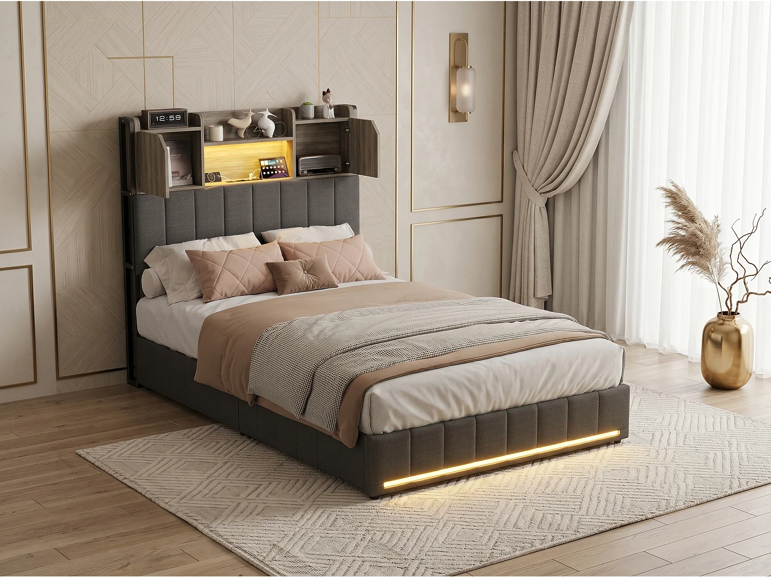 Lit coffre rembourré 90 x 200 cm - Gris - LED, tiroirs et tête de lit avec rangements