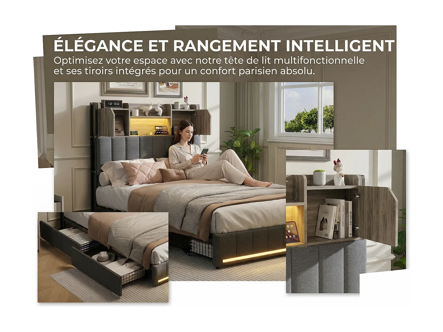 Lit coffre rembourré 90 x 200 cm - Gris - LED, tiroirs et tête de lit avec rangements