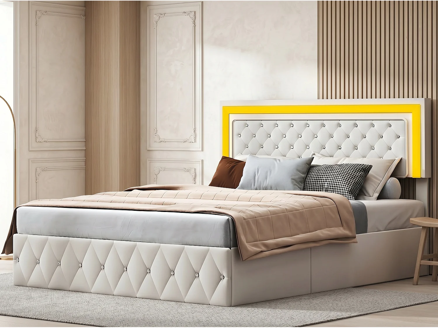 Lit coffre rembourré 160x200 cm - LED intégrée - Velours capitonné - Sommier relevable - Grand rangement