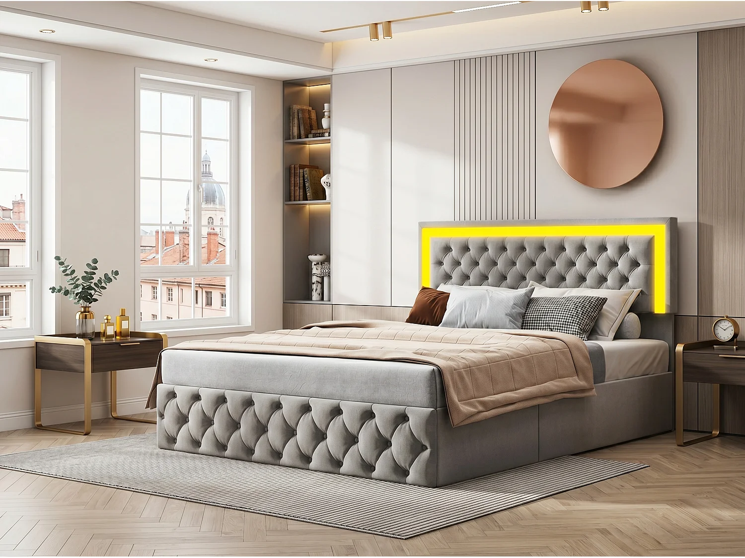 Lit coffre rembourré 160x200 cm - LED intégrée - Velours capitonné - Sommier relevable - Grand rangement