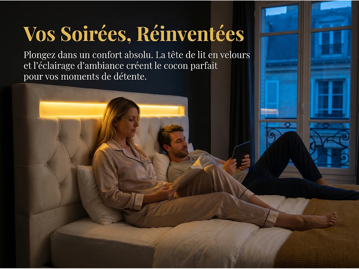 Lit coffre rembourré 160x200 cm - LED intégrée - Velours capitonné - Sommier relevable - Grand rangement