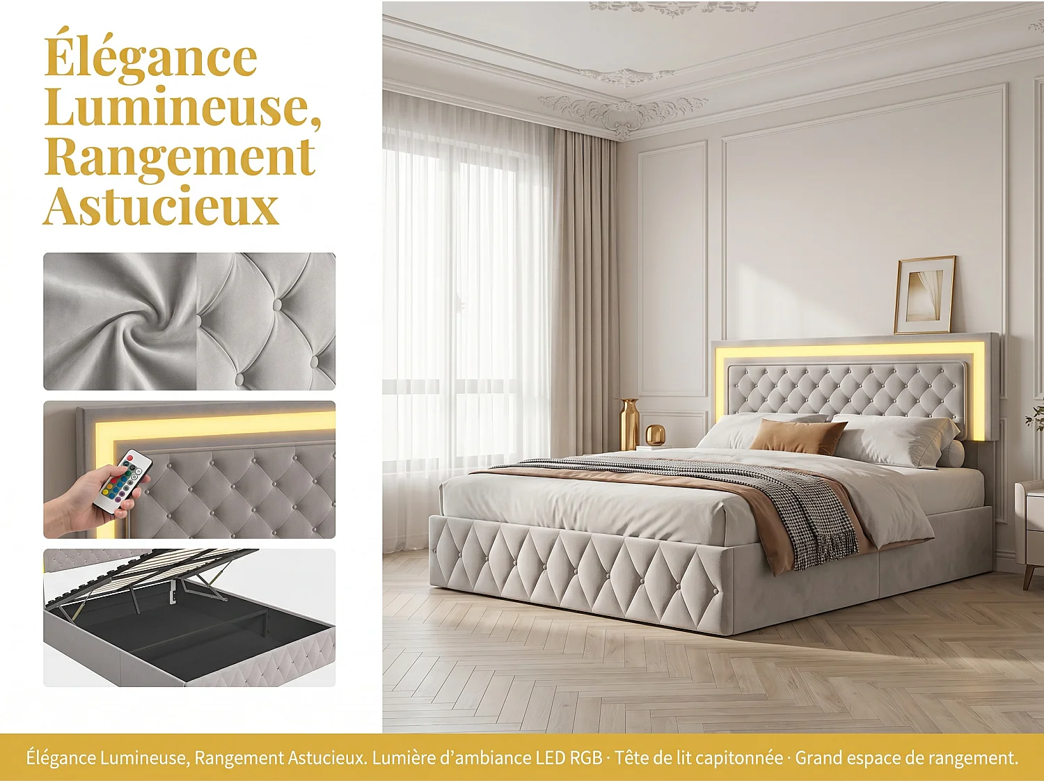 Lit coffre rembourré 160x200 cm - LED intégrée - Velours capitonné - Sommier relevable - Grand rangement