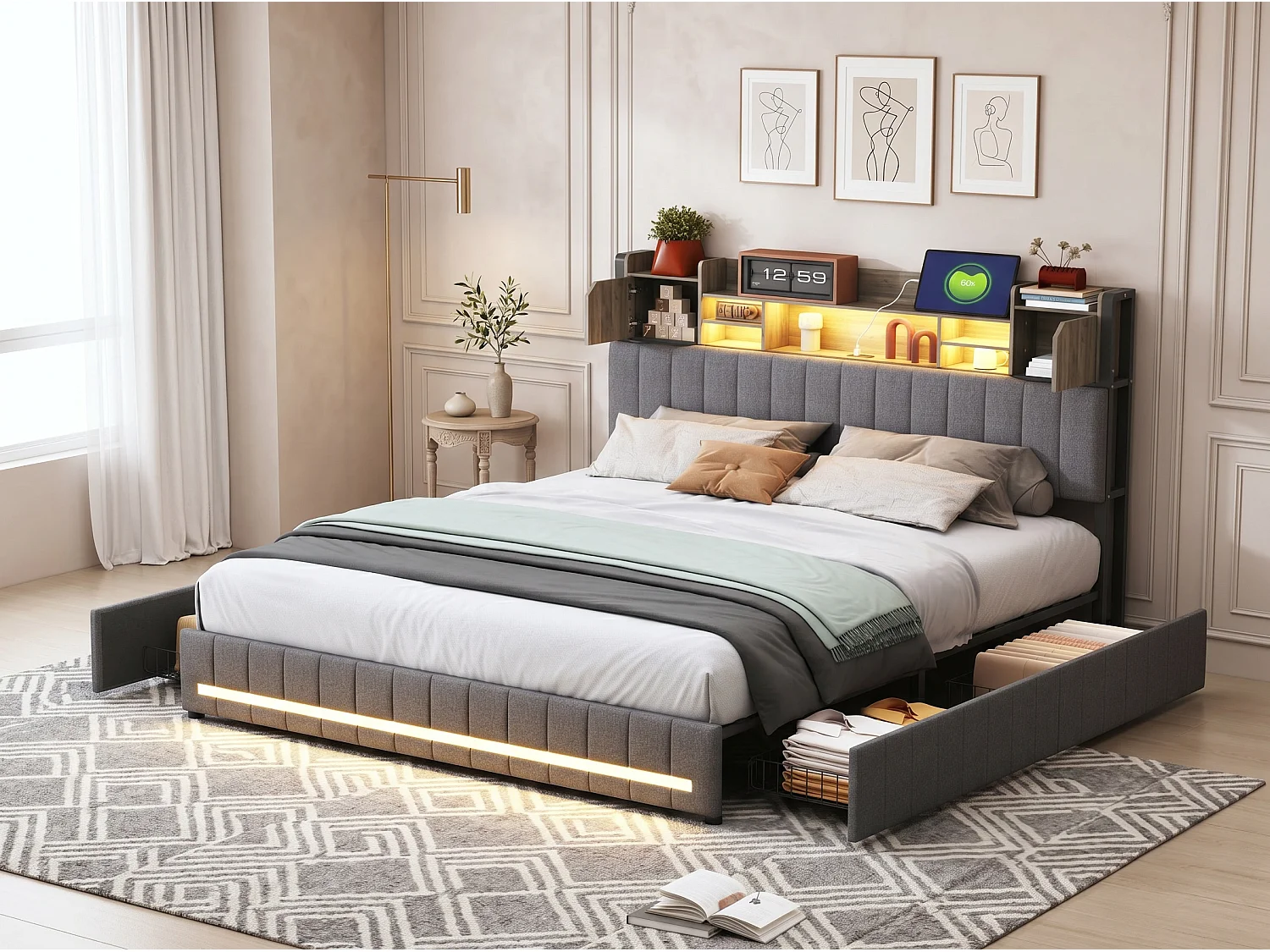 Lit coffre rembourré 160 x 200 cm - Gris - LED, tiroirs et tête de lit avec rangements
