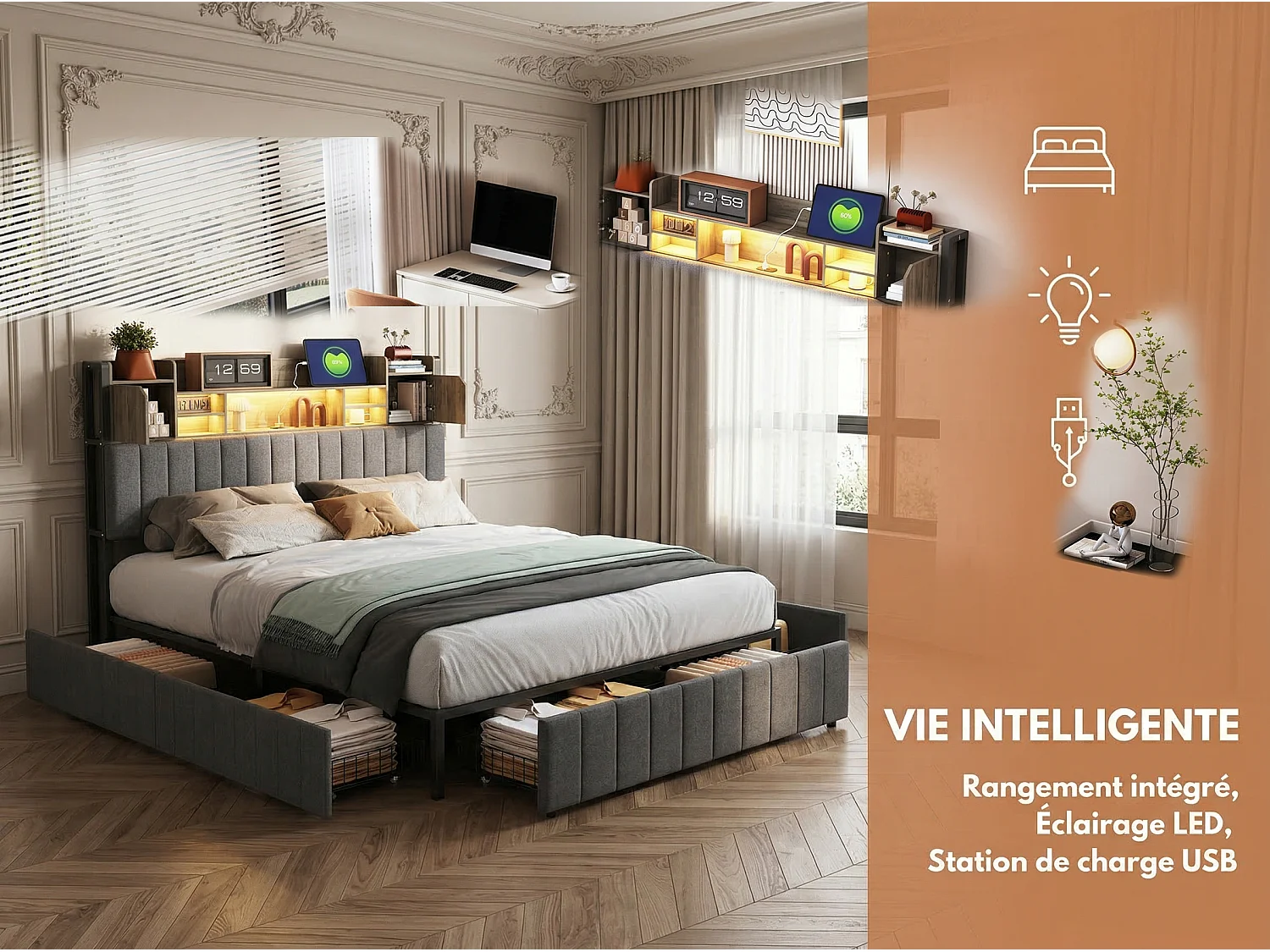Lit coffre rembourré 160 x 200 cm - Gris - LED, tiroirs et tête de lit avec rangements