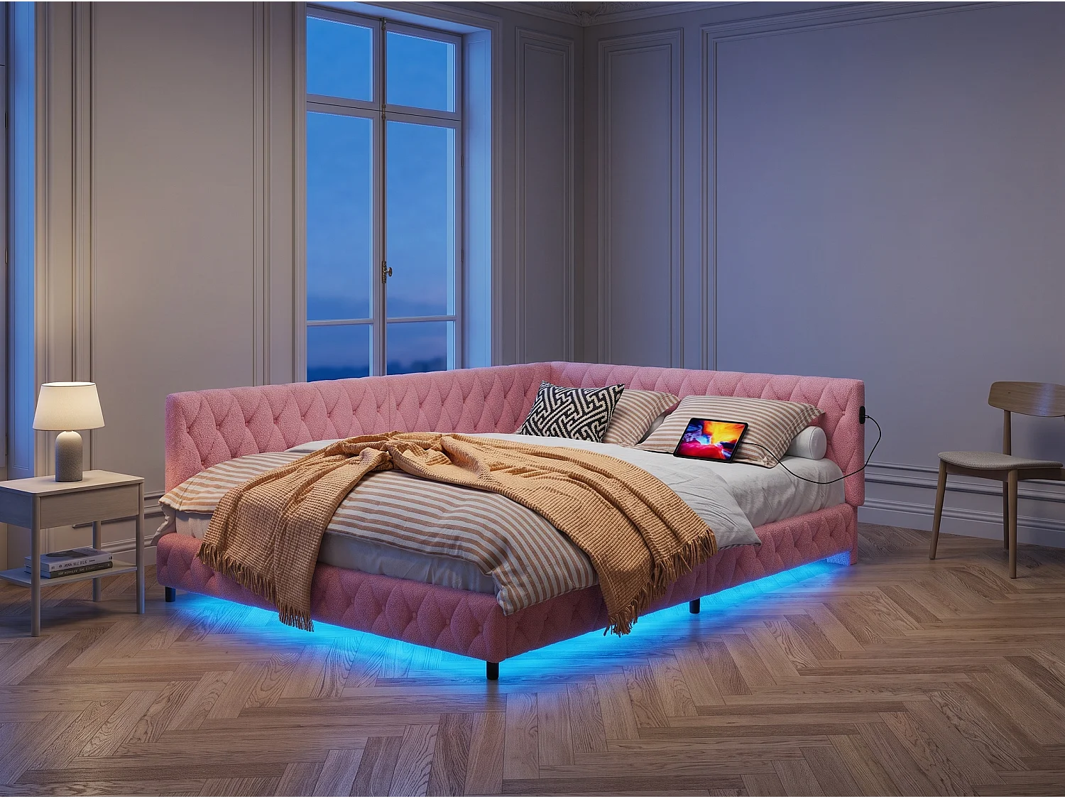 Lit coffre 140x200 cm LED RGB sous-lit, lit capitonné avec USB, sommier à lattes