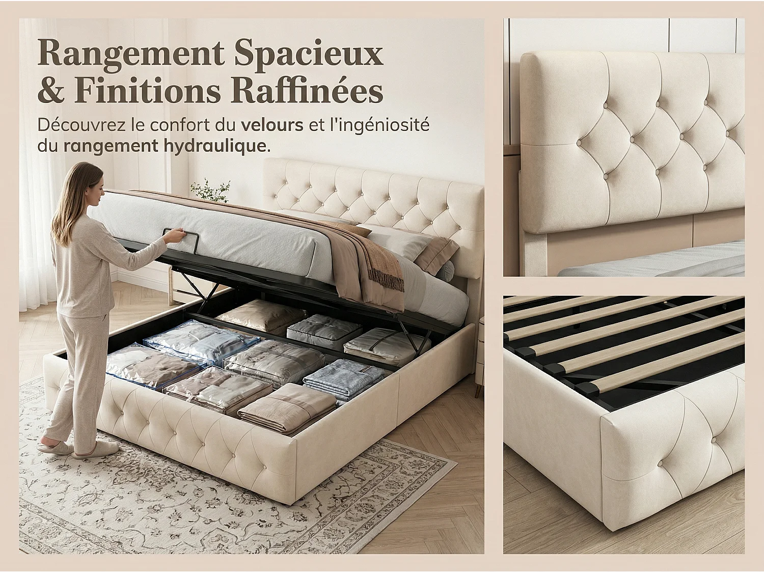 Lit coffre 140x200 cm avec tête de lit - Velours - Rembourrage épais - Structure anti-poussière - Sommier à lattes et espace de rangement hydraulique
