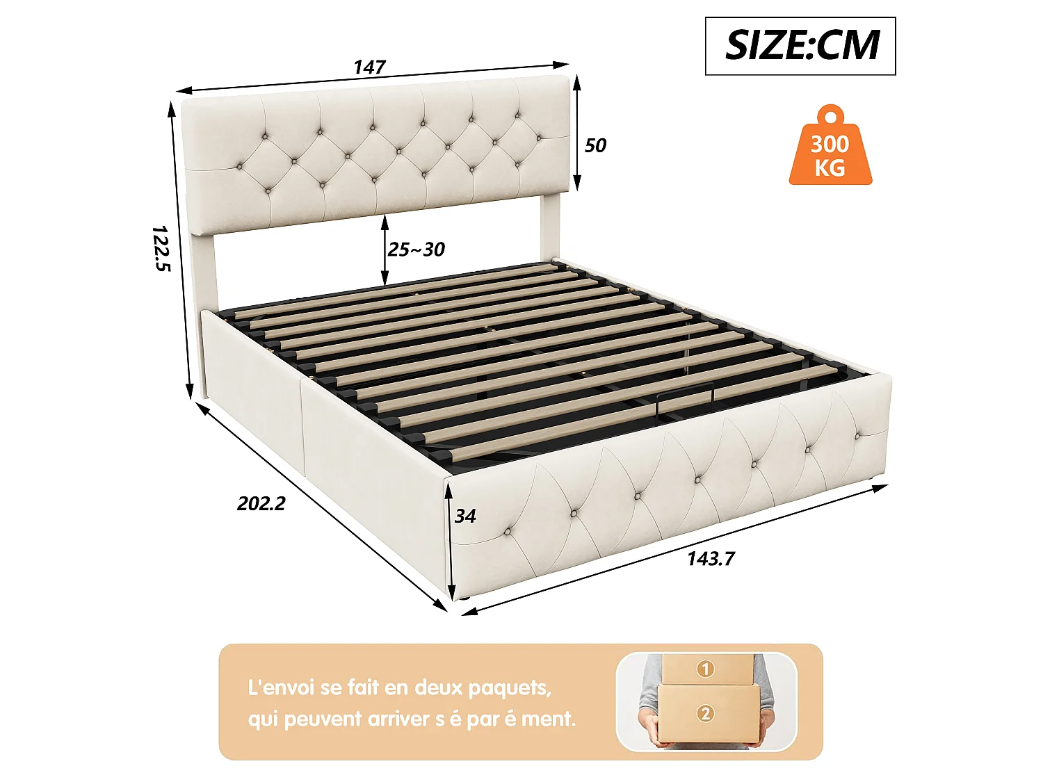 Lit coffre 140x200 cm avec tête de lit - Velours - Rembourrage épais -  Sommier  rangement hydraulique