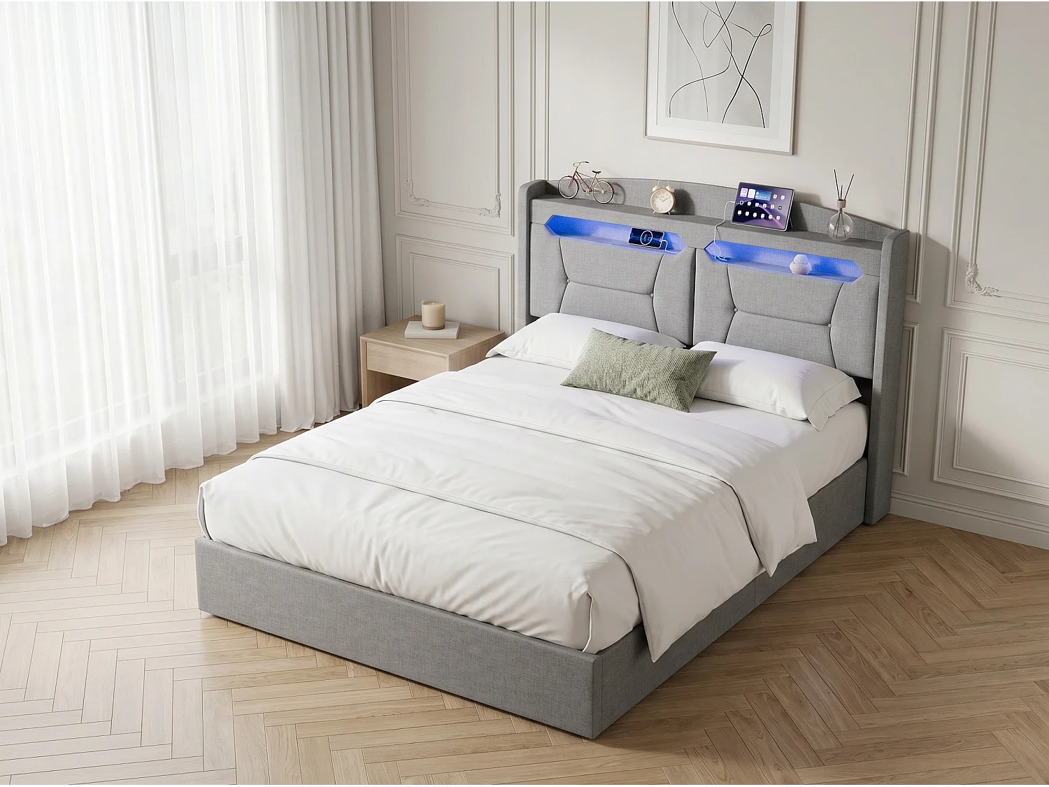 Lit coffre rembourré 140x200 cm - LED RGB et USB - tissu gris - tête de lit avec rangement - sommier à lattes